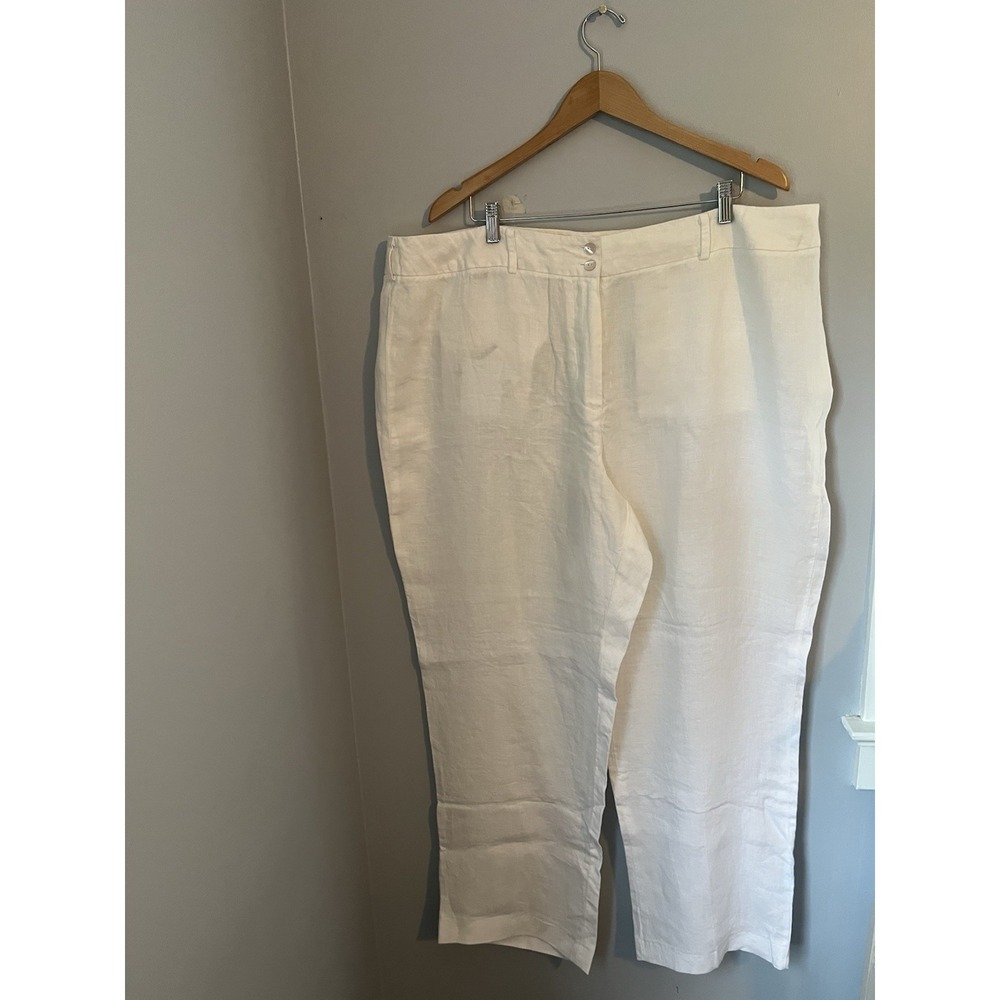 Lands' End Women's Linen Pants White Size 24W‎ High Rise Straight Leg Flat Front
